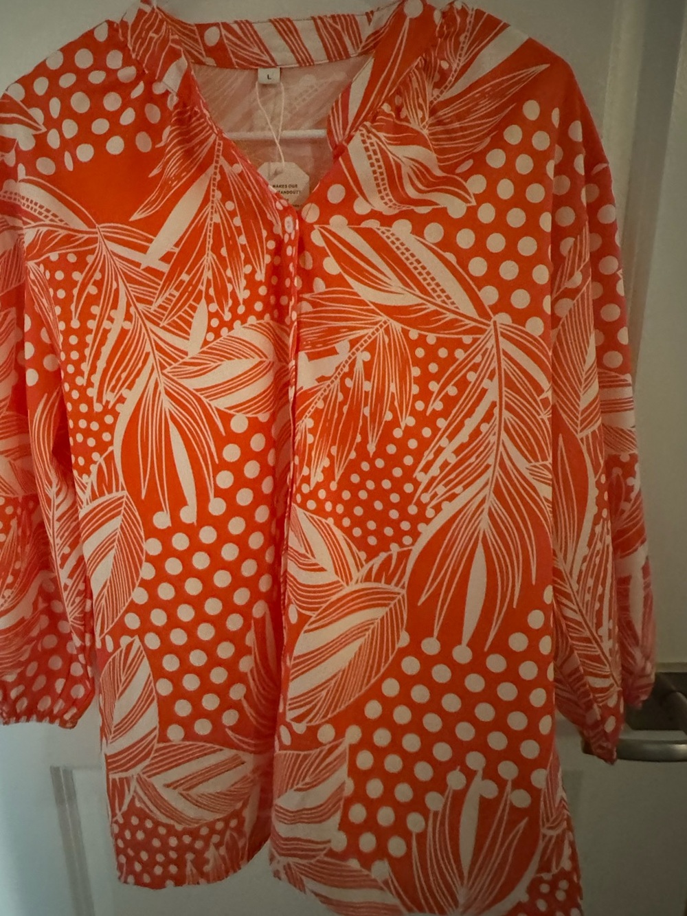 Women's Orange and White Leaf Print Blouse